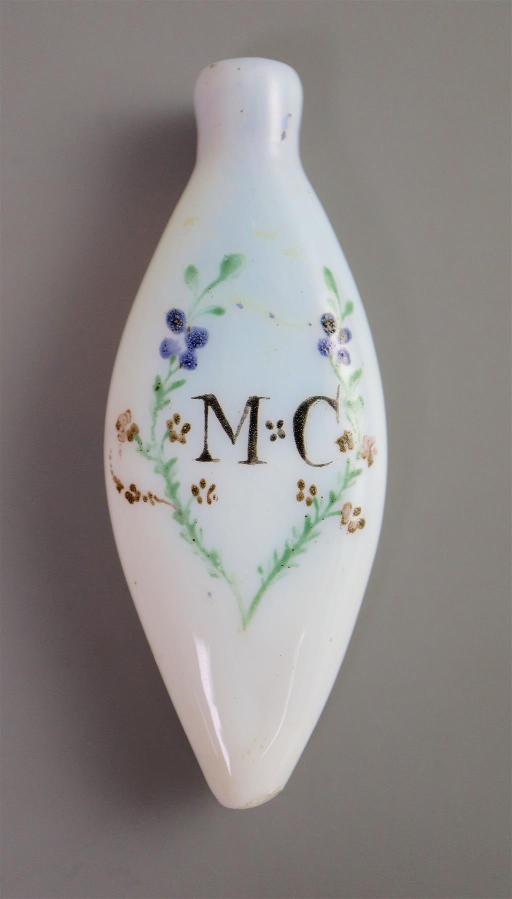 A George III enamelled white glass scent bottle, late 18th century, 9cm high